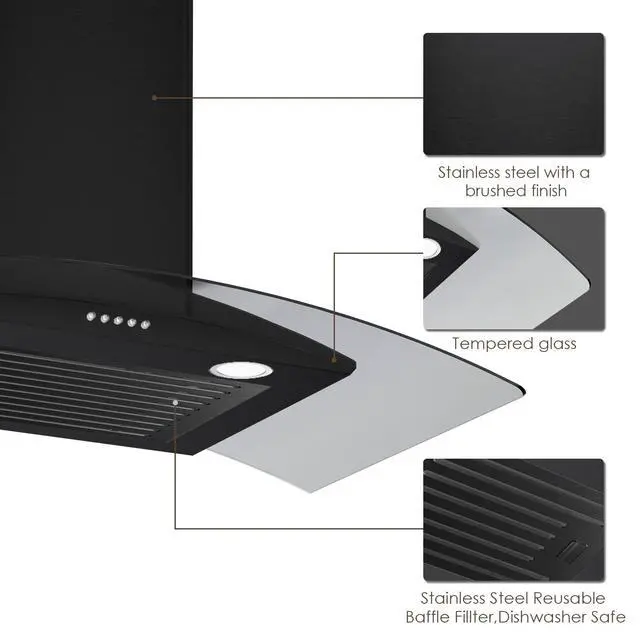 Alt view image 2 of 6 - 30 Inch Black Range Hood Wall Mounted Curved Glass Range Hoods with 450 CFM, Stainless Steel kitchen Ductless/Ducted Convertible with 3 Speed Controls, Permanent Baffle Filters and 2 LED Lights