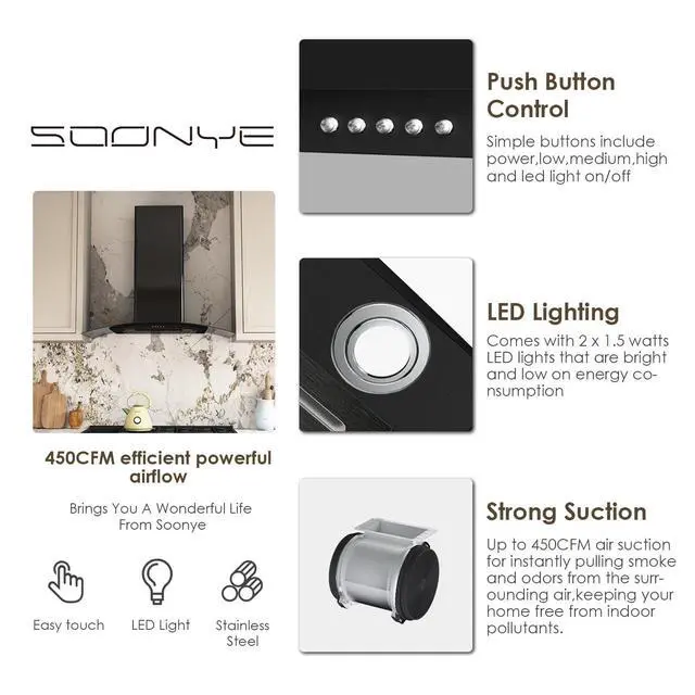 Alt view image 3 of 6 - 30 Inch Black Range Hood Wall Mounted Curved Glass Range Hoods with 450 CFM, Stainless Steel kitchen Ductless/Ducted Convertible with 3 Speed Controls, Permanent Baffle Filters and 2 LED Lights
