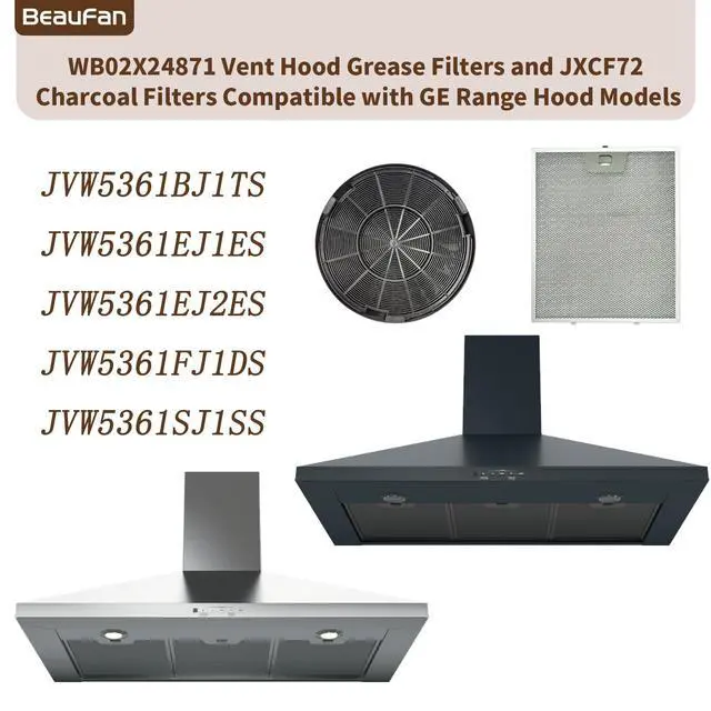 Alt view image 2 of 5 - 3 Pack WB02X24871 Range Vent Hood Grease Filter & 2 Pack JXCF72, WB02X24842 Charcoal Filter Compatible with GE Range Hoods JVW5361EJ1ES, JVW5361SJ1SS, JVW5361BJ1TS, JVW5361EJ2ES
