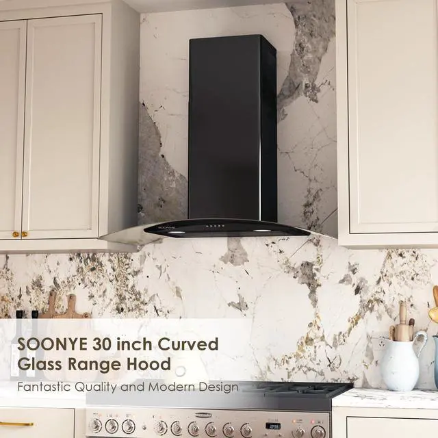 Alt view image 6 of 6 - 30 Inch Black Range Hood Wall Mounted Curved Glass Range Hoods with 450 CFM, Stainless Steel kitchen Ductless/Ducted Convertible with 3 Speed Controls, Permanent Baffle Filters and 2 LED Lights
