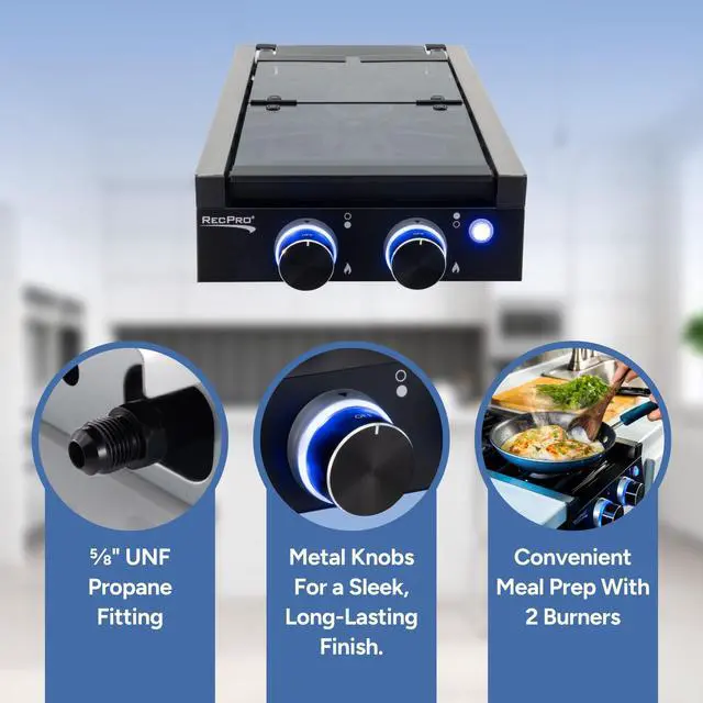 Alt view image 3 of 7 - RV Black 2 Burner Cooktop Stove 6,500 & 8,000 BTU Burners