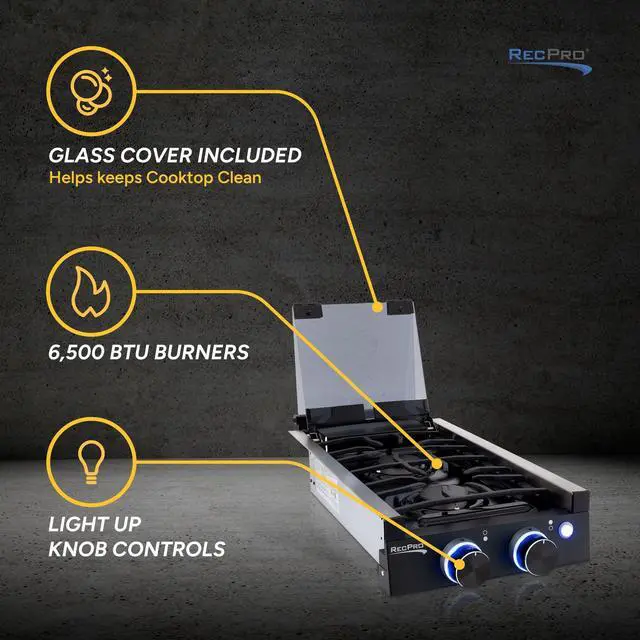 Alt view image 2 of 7 - RV Black 2 Burner Cooktop Stove 6,500 & 8,000 BTU Burners