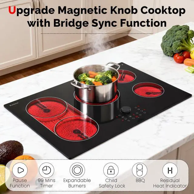 Alt view image 2 of 7 - Electric Cooktop 30 Inch with Magnetic Knob, Bridge BBQ Burner | 5 Burner Radiant Stove Top, 8600W Heat up Quickly, 240V Hardwire No Plug, Built-in Hob,99-Min Timer, Child Lock, Pause
