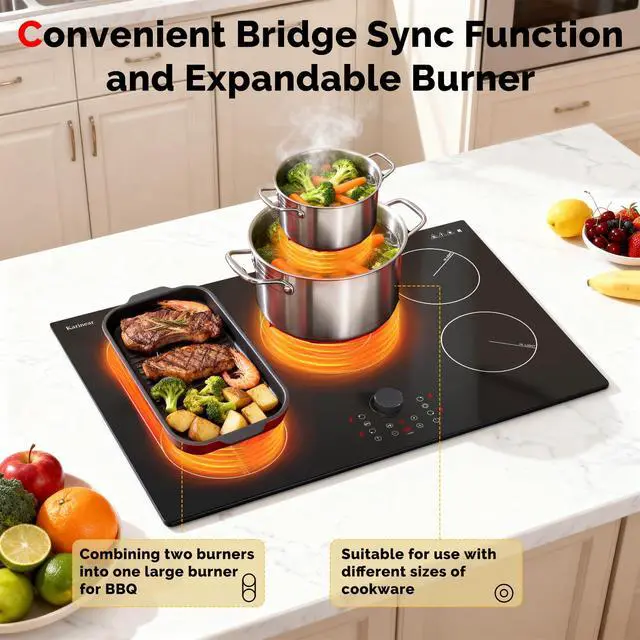 Alt view image 3 of 7 - Electric Cooktop 30 Inch with Magnetic Knob, Bridge BBQ Burner | 5 Burner Radiant Stove Top, 8600W Heat up Quickly, 240V Hardwire No Plug, Built-in Hob,99-Min Timer, Child Lock, Pause