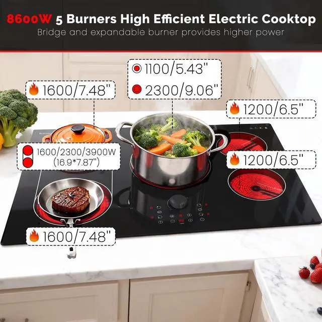 Alt view image 5 of 7 - Electric Cooktop 30 Inch with Magnetic Knob, Bridge BBQ Burner | 5 Burner Radiant Stove Top, 8600W Heat up Quickly, 240V Hardwire No Plug, Built-in Hob,99-Min Timer, Child Lock, Pause