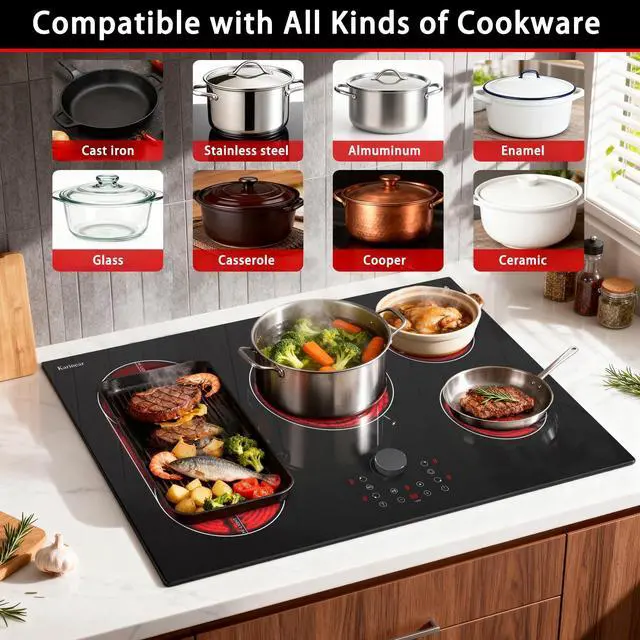 Alt view image 6 of 7 - Electric Cooktop 30 Inch with Magnetic Knob, Bridge BBQ Burner | 5 Burner Radiant Stove Top, 8600W Heat up Quickly, 240V Hardwire No Plug, Built-in Hob,99-Min Timer, Child Lock, Pause