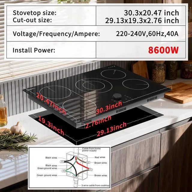 Alt view image 7 of 7 - Electric Cooktop 30 Inch with Magnetic Knob, Bridge BBQ Burner | 5 Burner Radiant Stove Top, 8600W Heat up Quickly, 240V Hardwire No Plug, Built-in Hob,99-Min Timer, Child Lock, Pause