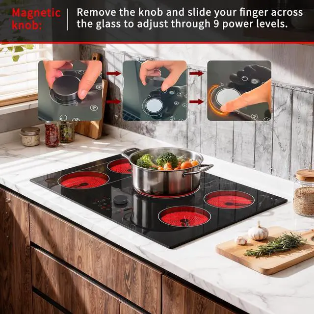 Alt view image 4 of 7 - Electric Cooktop 30 Inch with Magnetic Knob, Bridge BBQ Burner | 5 Burner Radiant Stove Top, 8600W Heat up Quickly, 240V Hardwire No Plug, Built-in Hob,99-Min Timer, Child Lock, Pause
