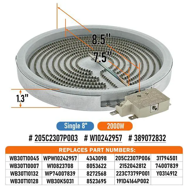 Alt view image 2 of 6 - WB30T10045 WPW10242957 Range 8" Radiant Surface Element Burner 2000watt, Replaces WB30T10007 WB30T10132 WB30T10128 WB30K5031 W10823708 WP74007839 205C2307P003 205C2307P006 2152042812 223C7379P001