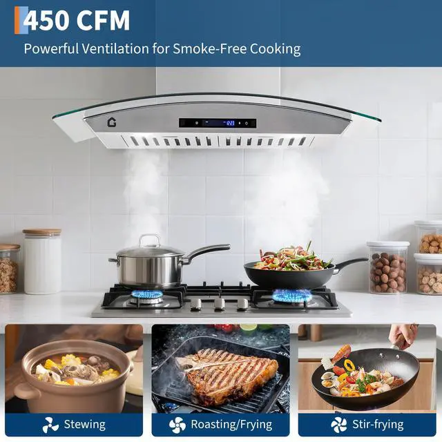 Alt view image 4 of 7 - Range Hood, 30 in Stainless Steel Wall Mount Range Hood, 450 CFM Gesture Sensing & Touch Control with LED Lights, 3 Speed Exhaust Fan Ducted/Ductless Convertible Kitchen Vent Hood, Easy Installation