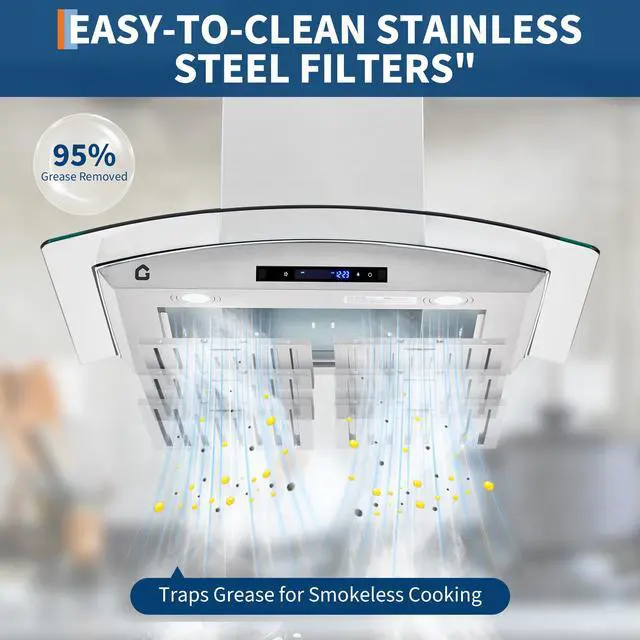 Alt view image 5 of 7 - Range Hood, 30 in Stainless Steel Wall Mount Range Hood, 450 CFM Gesture Sensing & Touch Control with LED Lights, 3 Speed Exhaust Fan Ducted/Ductless Convertible Kitchen Vent Hood, Easy Installation
