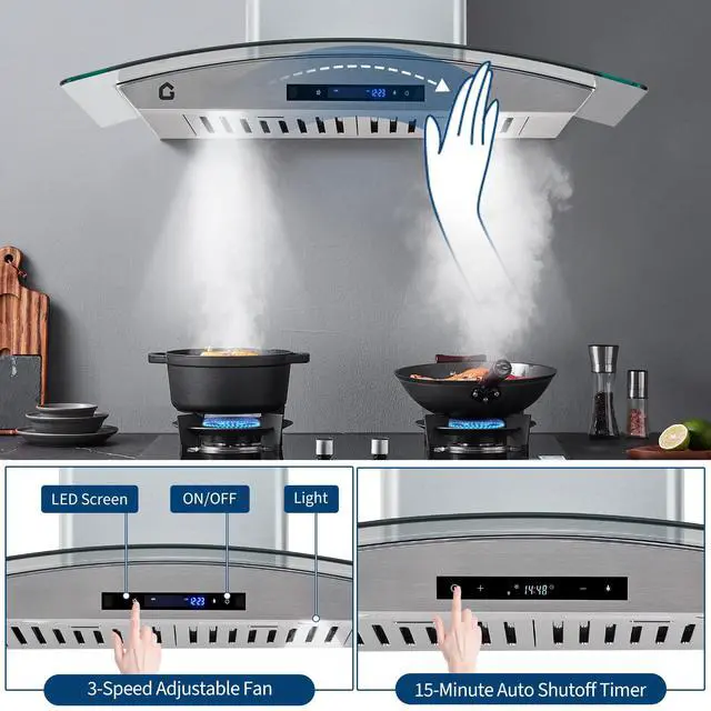 Alt view image 6 of 7 - Range Hood, 30 in Stainless Steel Wall Mount Range Hood, 450 CFM Gesture Sensing & Touch Control with LED Lights, 3 Speed Exhaust Fan Ducted/Ductless Convertible Kitchen Vent Hood, Easy Installation