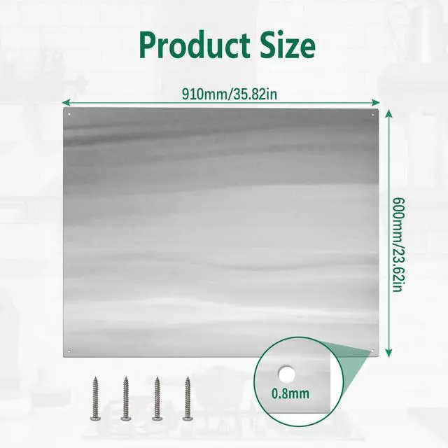 Alt view image 2 of 7 - 36" x 24" Stainless Steel Stove Backsplash Panel Flush Mount Splash Guard for Kitchen Wall, Heat & Stain Resistant, Easy Installation with Pre-Drilled Holes