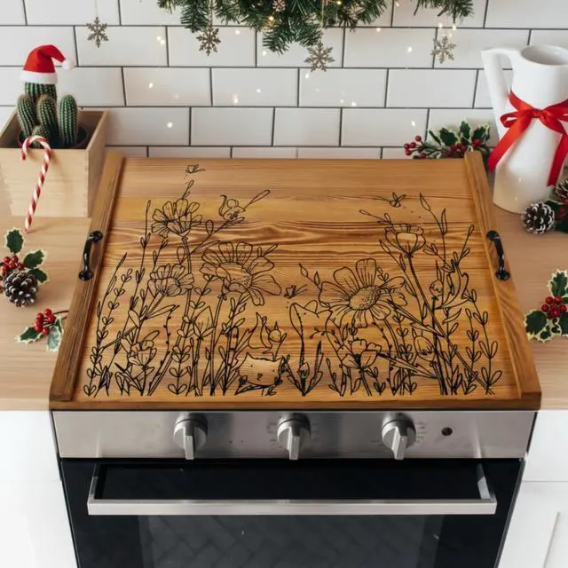 Main image of Wooden Noodle Board Stove Top Cover with Handles for Electric Stove 30" x 22" Pine Wooden Stoves Cover for Gas Burners Decorative Tray for Kitchen