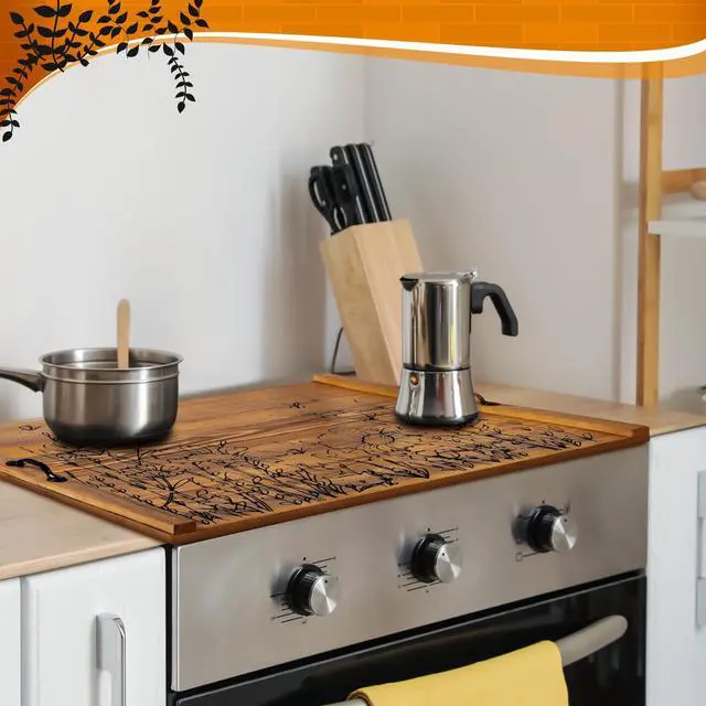 Alt view image 7 of 7 - Wooden Noodle Board Stove Top Cover with Handles for Electric Stove 30" x 22" Pine Wooden Stoves Cover for Gas Burners Decorative Tray for Kitchen