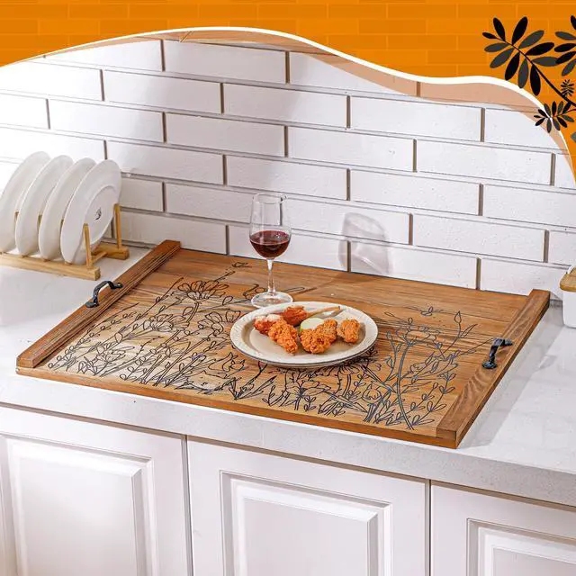 Alt view image 6 of 7 - Wooden Noodle Board Stove Top Cover with Handles for Electric Stove 30" x 22" Pine Wooden Stoves Cover for Gas Burners Decorative Tray for Kitchen