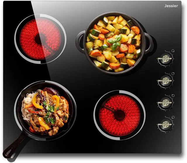 Main image of Electric Cooktop 24 Inch 6000W 220V Built-in | 4 Burner Radiant Electric Cooktop with Knob Control 24", 9 Heating Levels, Residual Heat Indication 240V Hard Wired (No Plug)