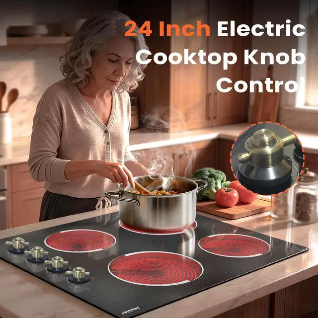 Alt view image 3 of 7 - Electric Cooktop 24 Inch 6000W 220V Built-in | 4 Burner Radiant Electric Cooktop with Knob Control 24", 9 Heating Levels, Residual Heat Indication 240V Hard Wired (No Plug)