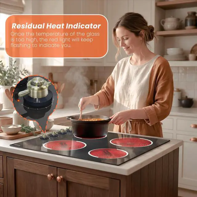 Alt view image 4 of 7 - Electric Cooktop 24 Inch 6000W 220V Built-in | 4 Burner Radiant Electric Cooktop with Knob Control 24", 9 Heating Levels, Residual Heat Indication 240V Hard Wired (No Plug)