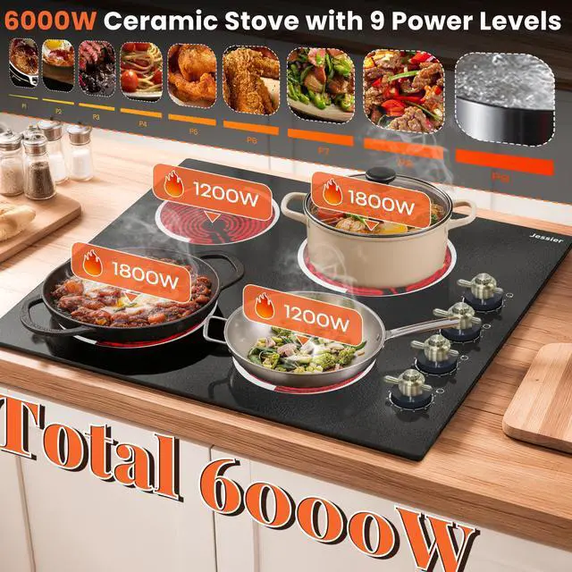 Alt view image 2 of 7 - Electric Cooktop 24 Inch 6000W 220V Built-in | 4 Burner Radiant Electric Cooktop with Knob Control 24", 9 Heating Levels, Residual Heat Indication 240V Hard Wired (No Plug)