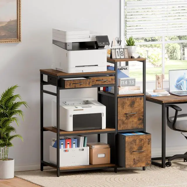 Alt view image 2 of 7 - Printer Stand with 4 Drawer, Extra Large File Cabinet | Extended Shelf for Large Printer, Holds 2 Large Printer, 5 Tier Open Storage, Filing Cabinet for Home Office, Printer Table