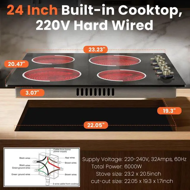 Alt view image 7 of 7 - Electric Cooktop 24 Inch 6000W 220V Built-in | 4 Burner Radiant Electric Cooktop with Knob Control 24", 9 Heating Levels, Residual Heat Indication 240V Hard Wired (No Plug)