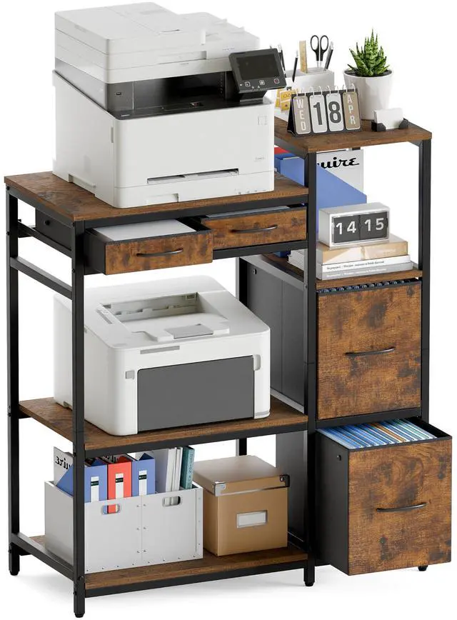 Main image of Printer Stand with 4 Drawer, Extra Large File Cabinet | Extended Shelf for Large Printer, Holds 2 Large Printer, 5 Tier Open Storage, Filing Cabinet for Home Office, Printer Table