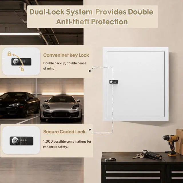 Alt view image 3 of 7 - Lock Key Cabinet with Storage: 131-Keys Steel Wall Mount Key Cabinet Organizer - Large Storage and Secure Combination Lock Box for Office Home Business White