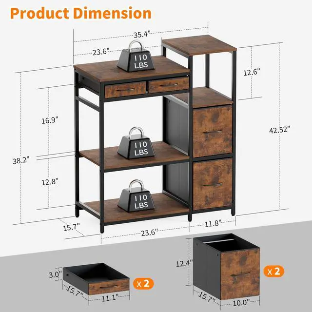 Alt view image 3 of 7 - Printer Stand with 4 Drawer, Extra Large File Cabinet | Extended Shelf for Large Printer, Holds 2 Large Printer, 5 Tier Open Storage, Filing Cabinet for Home Office, Printer Table