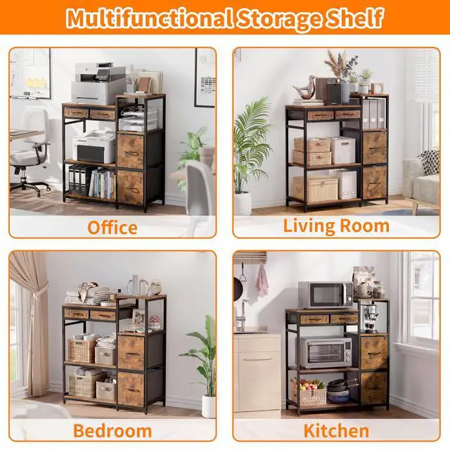 Alt view image 7 of 7 - Printer Stand with 4 Drawer, Extra Large File Cabinet | Extended Shelf for Large Printer, Holds 2 Large Printer, 5 Tier Open Storage, Filing Cabinet for Home Office, Printer Table