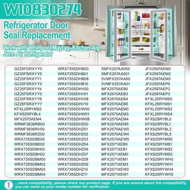 Alt view image 4 of 7 - 2 Pack Upgeaded W10830274 Refrigerator Door Gasket for Whirlpool Refrigerator Seal WRX735SDBM02 WRX735SDHZ07 WRX735SDHZ03 W10443273 Fridge Door Seal Replacement for KitchenAid Refrigerator Gasket