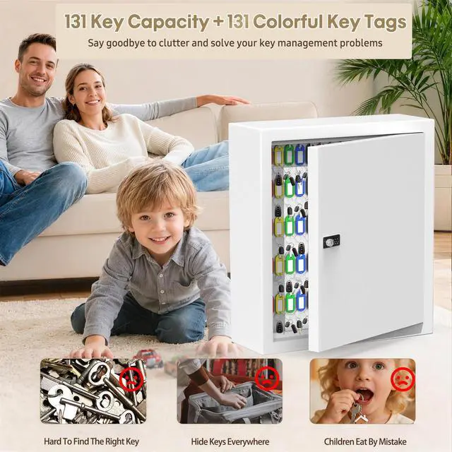 Alt view image 5 of 7 - Lock Key Cabinet with Storage: 131-Keys Steel Wall Mount Key Cabinet Organizer - Large Storage and Secure Combination Lock Box for Office Home Business White
