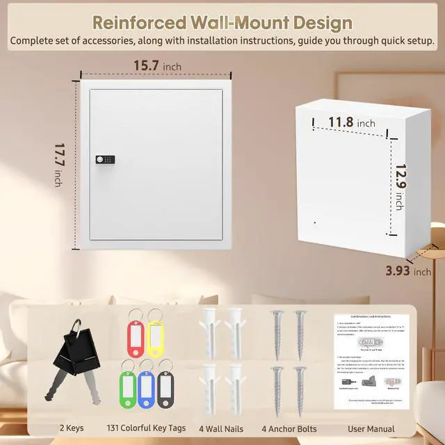 Alt view image 7 of 7 - Lock Key Cabinet with Storage: 131-Keys Steel Wall Mount Key Cabinet Organizer - Large Storage and Secure Combination Lock Box for Office Home Business White