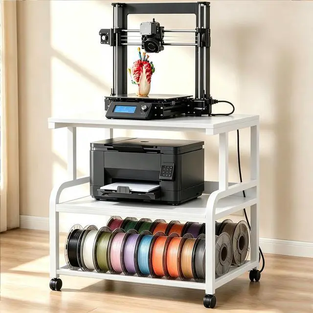 Main image of 3D Printer Stand with Power Outlet, 23.6" x 23.6", White | Filament Storage, Rolling Printer Cart, 2-Tier Wood Storage Shelves for 2 Devices, Locking Wheels, for Home Office