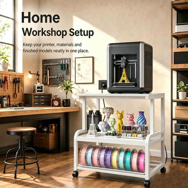 Alt view image 2 of 7 - 3D Printer Stand with Power Outlet, 23.6" x 23.6", White | Filament Storage, Rolling Printer Cart, 2-Tier Wood Storage Shelves for 2 Devices, Locking Wheels, for Home Office