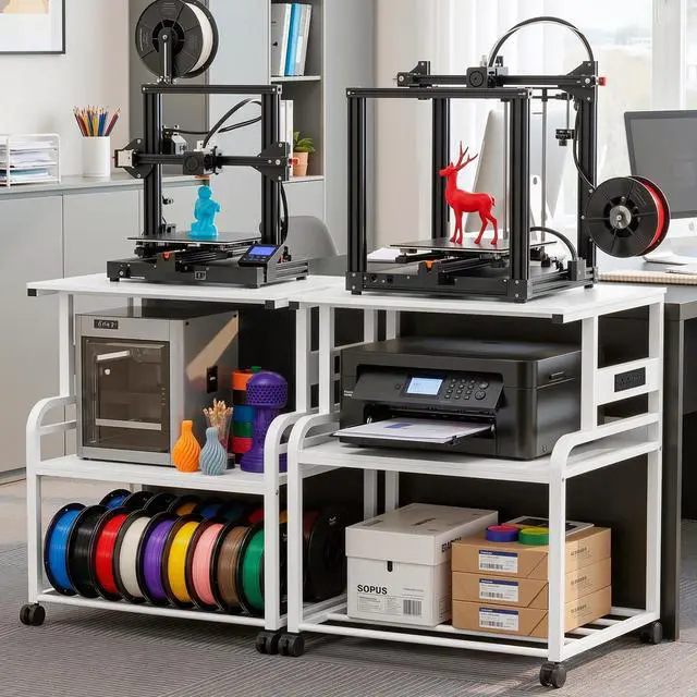 Alt view image 3 of 7 - 3D Printer Stand with Power Outlet, 23.6" x 23.6", White | Filament Storage, Rolling Printer Cart, 2-Tier Wood Storage Shelves for 2 Devices, Locking Wheels, for Home Office