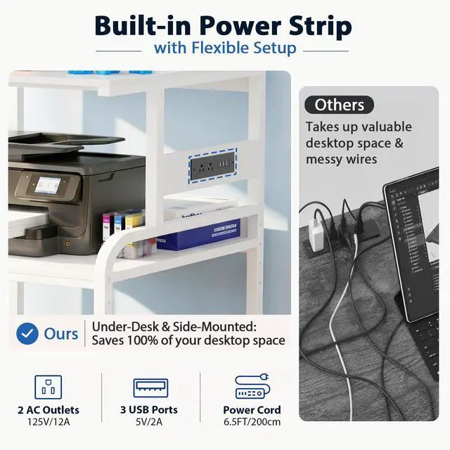 Alt view image 4 of 7 - 3D Printer Stand with Power Outlet, 23.6" x 23.6", White | Filament Storage, Rolling Printer Cart, 2-Tier Wood Storage Shelves for 2 Devices, Locking Wheels, for Home Office
