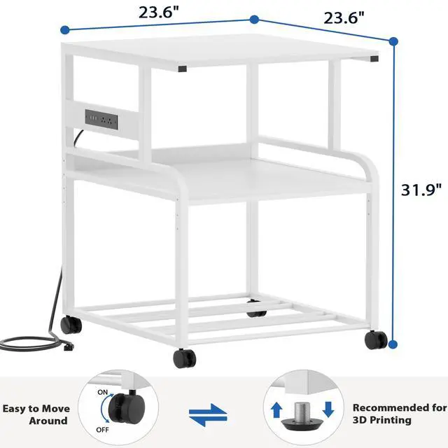 Alt view image 5 of 7 - 3D Printer Stand with Power Outlet, 23.6" x 23.6", White | Filament Storage, Rolling Printer Cart, 2-Tier Wood Storage Shelves for 2 Devices, Locking Wheels, for Home Office