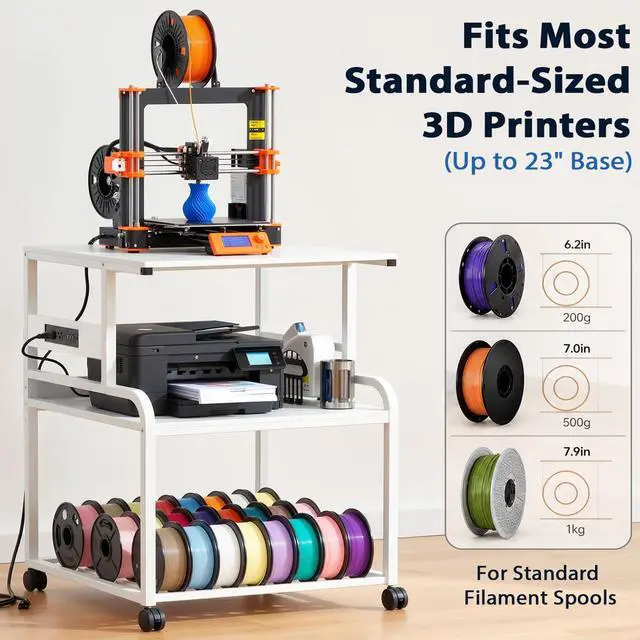 Alt view image 6 of 7 - 3D Printer Stand with Power Outlet, 23.6" x 23.6", White | Filament Storage, Rolling Printer Cart, 2-Tier Wood Storage Shelves for 2 Devices, Locking Wheels, for Home Office