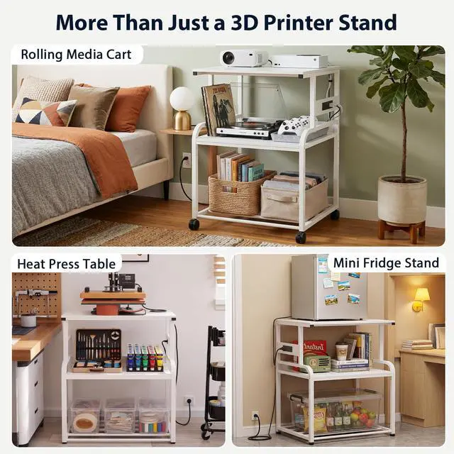 Alt view image 7 of 7 - 3D Printer Stand with Power Outlet, 23.6" x 23.6", White | Filament Storage, Rolling Printer Cart, 2-Tier Wood Storage Shelves for 2 Devices, Locking Wheels, for Home Office
