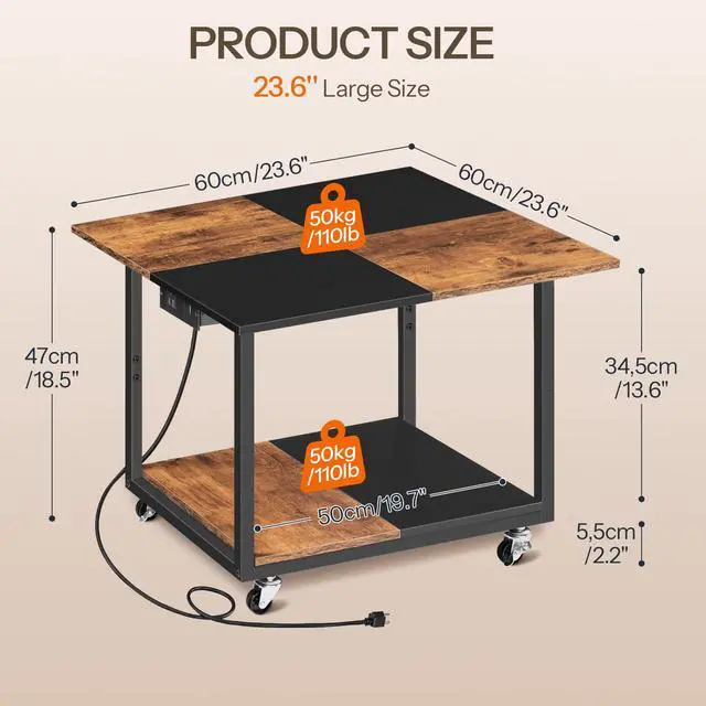 Alt view image 2 of 7 - 23.6"×23.6" Large Printer Stand, Printer Table with Charging Station, Printer Cart on Wheels, Rolling Cart, for Office, Living Room, Rustic Brown and Black BF14UPS01