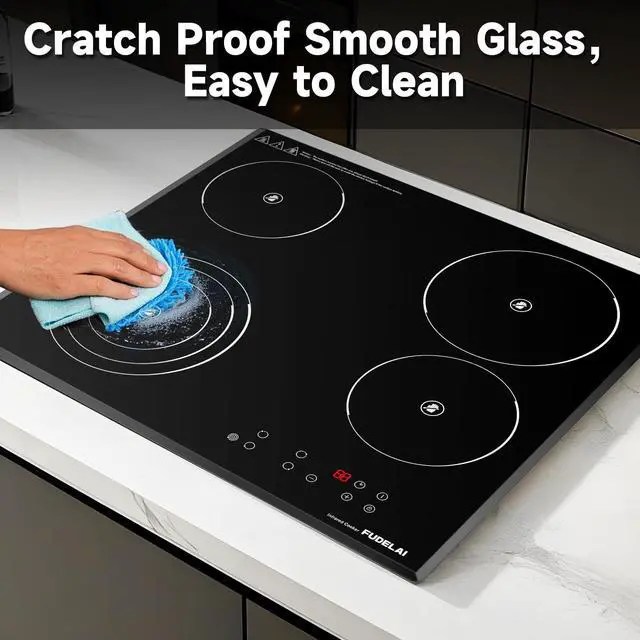 Alt view image 2 of 6 - 24in 4 Burner Ceramic Electric Cooktop 6500W Infrared Cooker | Child lock and auto safety. 9 power levels, easy-clean glass. Built-in or countertop. Hardwired connection, no plug included