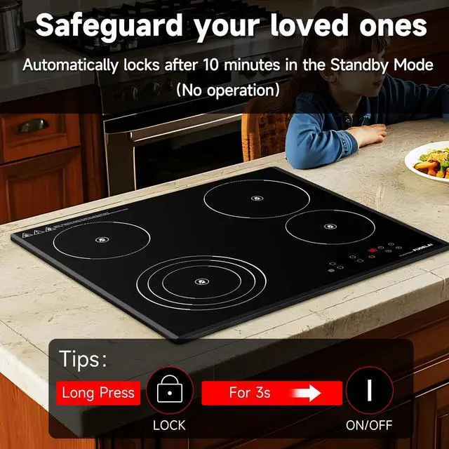 Alt view image 3 of 6 - 24in 4 Burner Ceramic Electric Cooktop 6500W Infrared Cooker | Child lock and auto safety. 9 power levels, easy-clean glass. Built-in or countertop. Hardwired connection, no plug included
