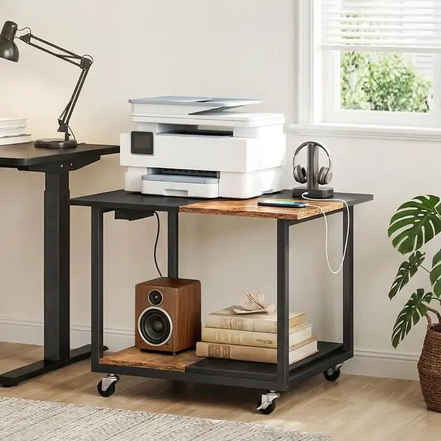 Alt view image 3 of 7 - 23.6"×23.6" Large Printer Stand, Printer Table with Charging Station, Printer Cart on Wheels, Rolling Cart, for Office, Living Room, Rustic Brown and Black BF14UPS01