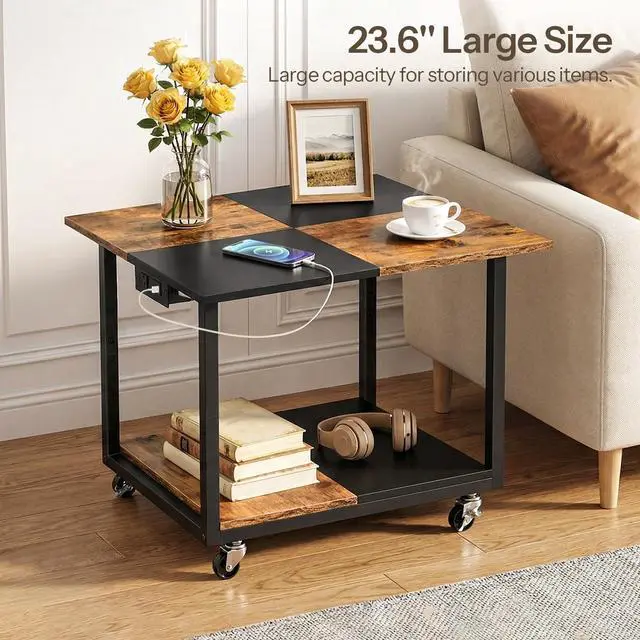 Alt view image 4 of 7 - 23.6"×23.6" Large Printer Stand, Printer Table with Charging Station, Printer Cart on Wheels, Rolling Cart, for Office, Living Room, Rustic Brown and Black BF14UPS01