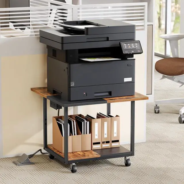 Alt view image 6 of 7 - 23.6"×23.6" Large Printer Stand, Printer Table with Charging Station, Printer Cart on Wheels, Rolling Cart, for Office, Living Room, Rustic Brown and Black BF14UPS01