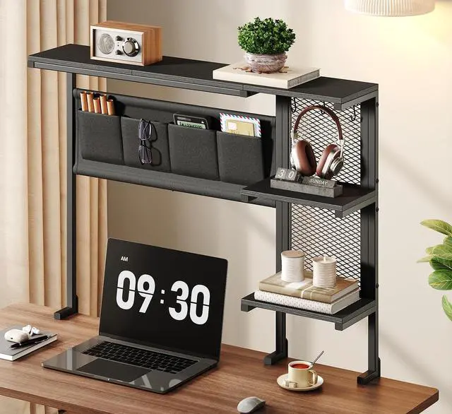 Main image of Clamp On Desk Shelf, 3-Tier Above Desk Extender with Pegboard & Hooks, Metal & Wooden Desktop Bookshelf & Organizer, Tabletop Storage Rack for Office Accessories, 38.3" W x 33" H, Black