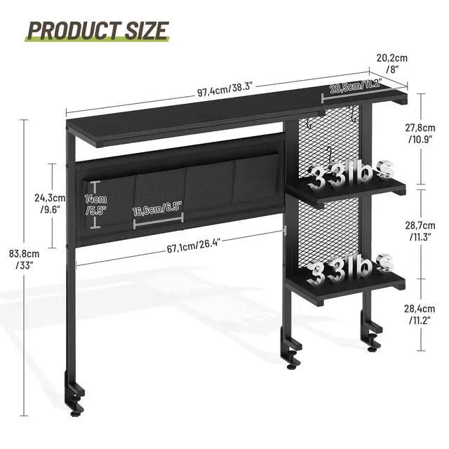 Alt view image 2 of 7 - Clamp On Desk Shelf, 3-Tier Above Desk Extender with Pegboard & Hooks, Metal & Wooden Desktop Bookshelf & Organizer, Tabletop Storage Rack for Office Accessories, 38.3" W x 33" H, Black