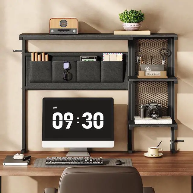 Alt view image 3 of 7 - Clamp On Desk Shelf, 3-Tier Above Desk Extender with Pegboard & Hooks, Metal & Wooden Desktop Bookshelf & Organizer, Tabletop Storage Rack for Office Accessories, 38.3" W x 33" H, Black