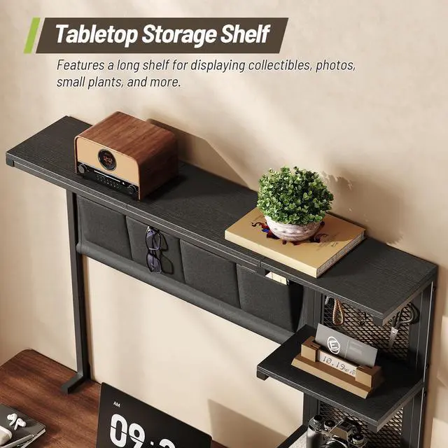 Alt view image 5 of 7 - Clamp On Desk Shelf, 3-Tier Above Desk Extender with Pegboard & Hooks, Metal & Wooden Desktop Bookshelf & Organizer, Tabletop Storage Rack for Office Accessories, 38.3" W x 33" H, Black